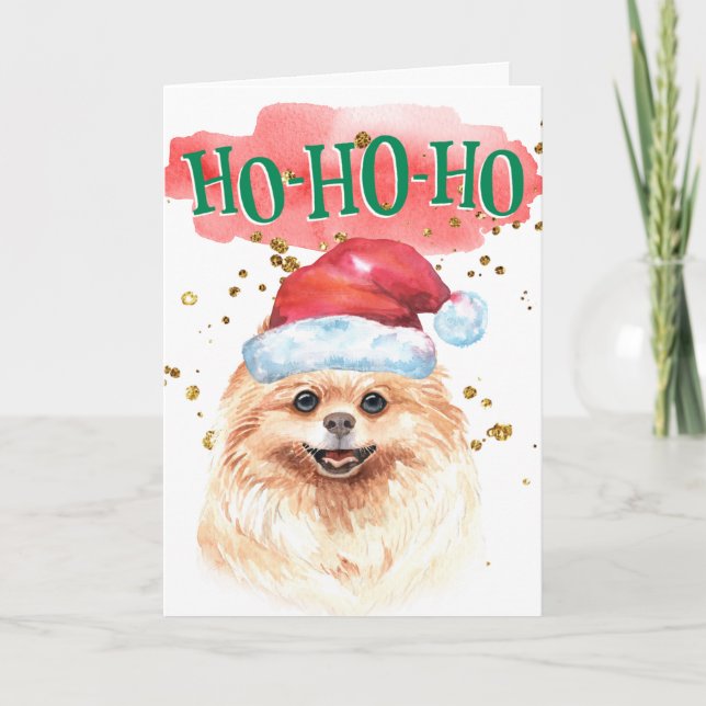 Tarjeta Festiva Funny Perro Pomerano Santa hat yappy howlidays (Anverso)
