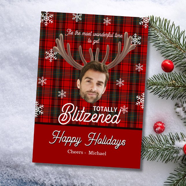 Tarjeta Festiva Funny Photo Face Blitzened Sarcastic Christmas (Funny photo face holiday card it's the most wonderful time to get totally blitzened dry humor)