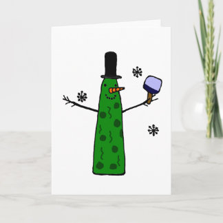 Tarjeta Festiva Funny Pickle Snowman Holding Pickleball Paddle
