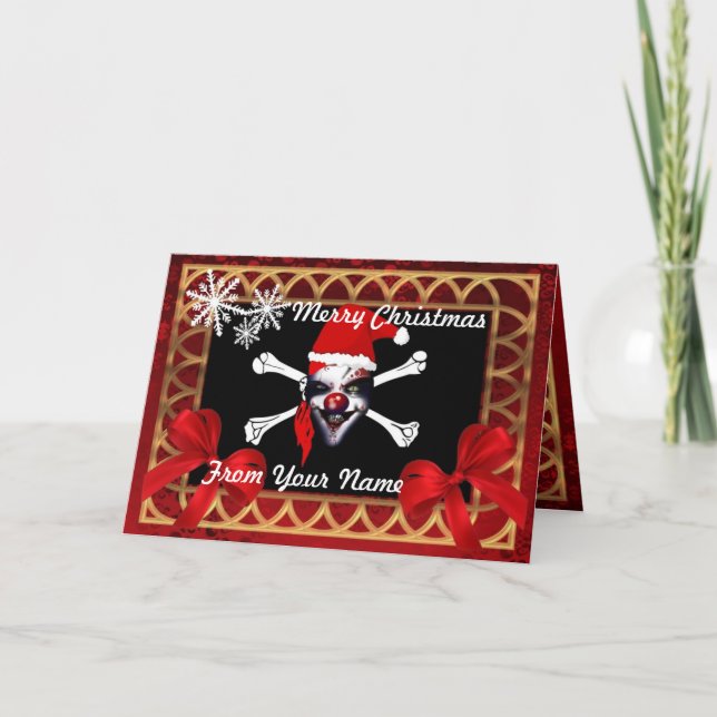 Tarjeta Festiva Funny pirata cráneo santa navidades personalizados (Anverso)