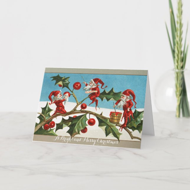 TARJETA FESTIVA FUNNY RED NAVIDADES ELVES, HOLLYBERRIES, MISTLETOR (Anverso)