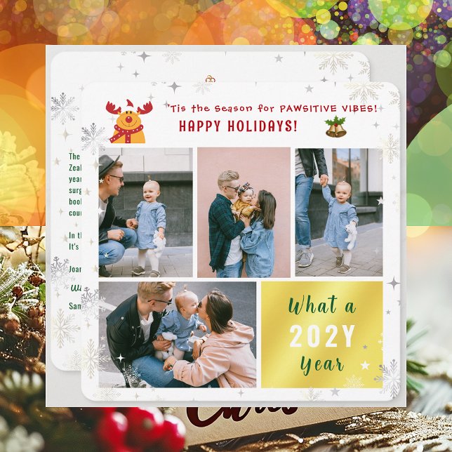 Tarjeta Festiva Funny Rudolph 4 Fotos Collage Happy Holidays Cute (Cute Funny Rudolph Pawsitive Vibes Happy Holidays 'Tis the Season 4 Photos Golden What a Year Letter)
