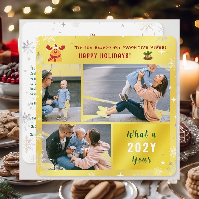 Tarjeta Festiva Funny Rudolph Cute Felices Fiestas Doradas 3 Foto (Cute Funny Elegant Rudolph 'Tis the Season Pawsitive Vibes Happy Holidays 3 Photos Snowflakes Golden)