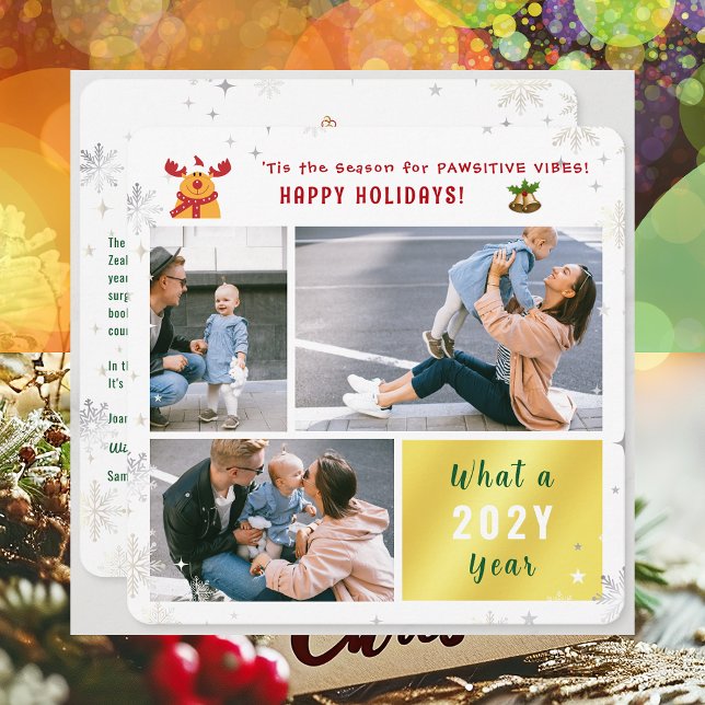 Tarjeta Festiva Funny Rudolph Cute Felices Fiestas Elegantes 3 Fot (Cute Funny Rudolph Pawsitive Vibes Happy Holidays 'Tis the Season 3 Photos Golden What a Year Letter)