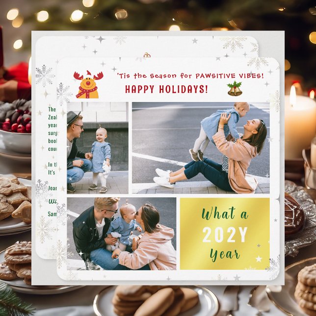 Tarjeta Festiva Funny Rudolph Cute Happy Holidays Collage de 3 fot (Cute Funny Elegant Rudolph 'Tis the Season Pawsitive Vibes Happy Holidays 3 Photos Snowflakes Letter)
