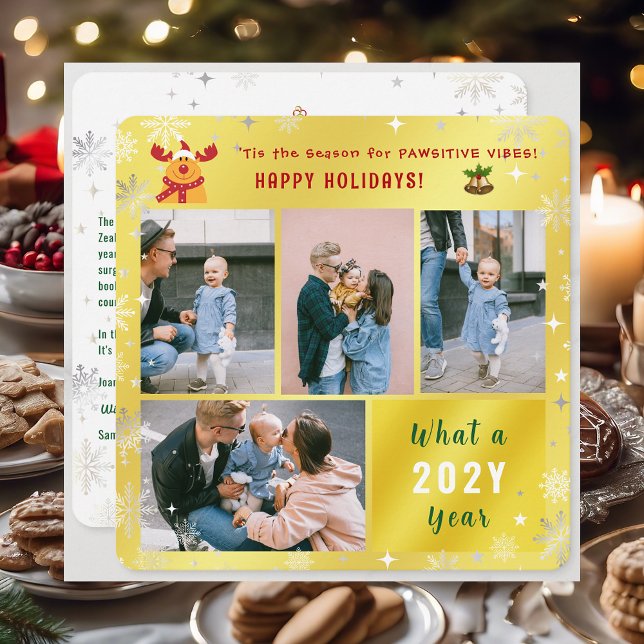 Tarjeta Festiva Funny Rudolph Happy Holidays Cute Golden 4 fotos (Cute Funny Elegant Rudolph 'Tis the Season Pawsitive Vibes Happy Holidays 4 Photos Snowflakes Golden)