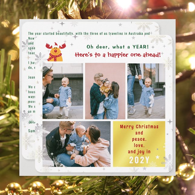 Tarjeta Festiva Funny Rudolph Oh Deer Peace Love Joy Golden Photo (Funny Cute Rudolph Oh Deer What a Year Merry Christmas Happy New Year 4 Photos Letter Elegant Golden)