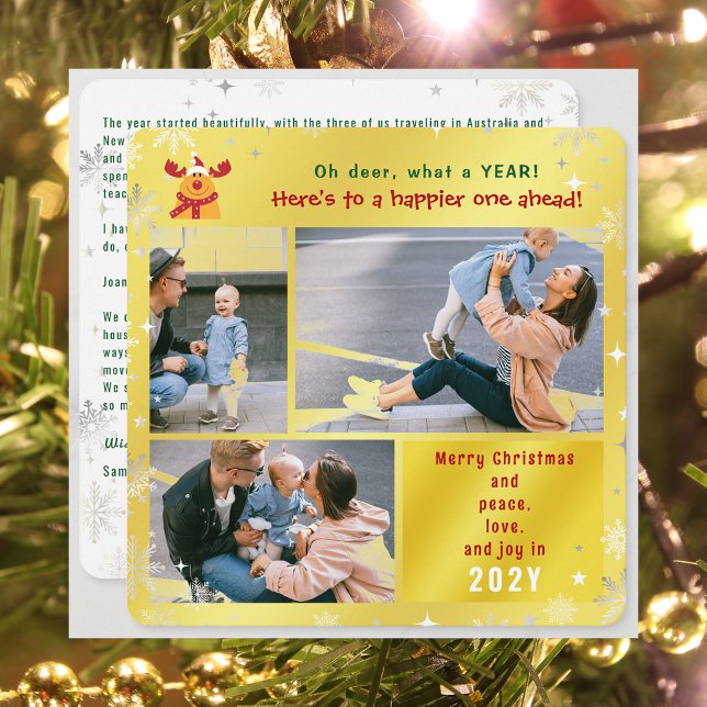 Tarjeta Festiva Funny Rudolph Oh Deer Peace Love Joy Golden Photo (Funny Cute Rudolph Oh Deer What a Year Merry Christmas Happy New Year 3 Photos Letter Elegant Golden)