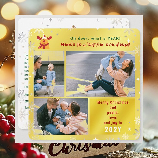 Tarjeta Festiva Funny Rudolph Oh Deer Peace Love Joy Golden Photo (Elegant Golden Cute Funny Rudolph Oh Deer What a Year Merry Christmas 3 Photos Peace Love Joy Letter)