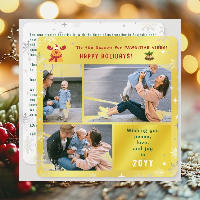 Tarjeta Festiva Funny Rudolph Peace Love Joy 3 fotos Cuesta Golden (Elegant Golden Cute Funny Pawsitive Vibes Rudolph Happy Holidays 3 Photos Peace Love Joy Snowflakes)