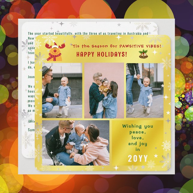 Tarjeta Festiva Funny Rudolph Peace Love Joy 4 fotos Cuesta Dorada (Elegant Golden Cute Funny Pawsitive Vibes Rudolph Happy Holidays 4 Photos Peace Love Joy Snowflakes)