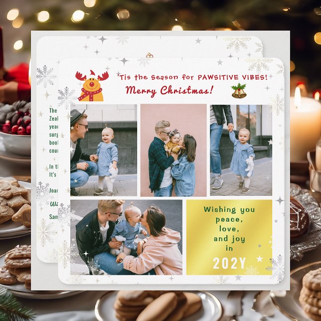 Tarjeta Festiva Funny Rudolph Peace Love Joy Collage de fotos mode (Cute Funny Elegant Rudolph 'Tis the Season for Pawsitive Merry Christmas 4 Photos Snowflakes Letter)