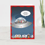 Tarjeta Festiva Funny Santa Claus Alien Navidades<br><div class="desc">Graciosas tarjetas de Navidades de Santa Claus que pueden ser personalizadas con tu propio texto de la burbuja de presupuesto personalizado! Este singular diseño cómico de Raphaela Wilson representa a Santa y Rudolph los renos de nariz roja que se elevan sobre un vecindario en un platillo volador de plata. La...</div>