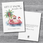 Tarjeta Festiva Funny Santa Claus Tropical Beach Navidades<br><div class="desc">Deja Que Nieva... ¡En Otro Lugar! Esta lúdica tarjeta de Navidades tropicales es perfecta para enviar saludos cálidos y humorísticos. El frente cuenta con un Santa Claus relajado con gafas de sol, sentado en un flamenco rosa flotando sobre el océano, con una palmera decorada con adornos y suaves olas del...</div>