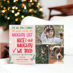 Tarjeta Festiva Funny Santa Naughty lista 3 fotos de Navidades bri<br><div class="desc">Graciosa lista de comprobación de Santa Naughty, todo es divertido y juegos hasta que Santa revise la lista traviesa! Añade 3 de tus fotos favoritas, con copos de nieve, ladrillos de pino y una tipografía fresca, moderna y divertida. Saludos de temporada con colores brillantes y atrevidos. ¡Todos los colores son...</div>