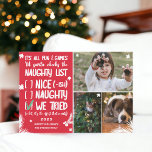 Tarjeta Festiva Funny Santa Naughty lista 3 fotos de Navidades roj<br><div class="desc">Graciosa lista de comprobación de Santa Naughty,  todo es divertido y juegos hasta que Santa revise la lista traviesa! Añade 3 de tus fotos favoritas,  con copos de nieve,  ladrillos de pino y una tipografía fresca,  moderna y divertida. Feliz Navidad con un fondo rojo. ¡Todos los colores son editables!</div>