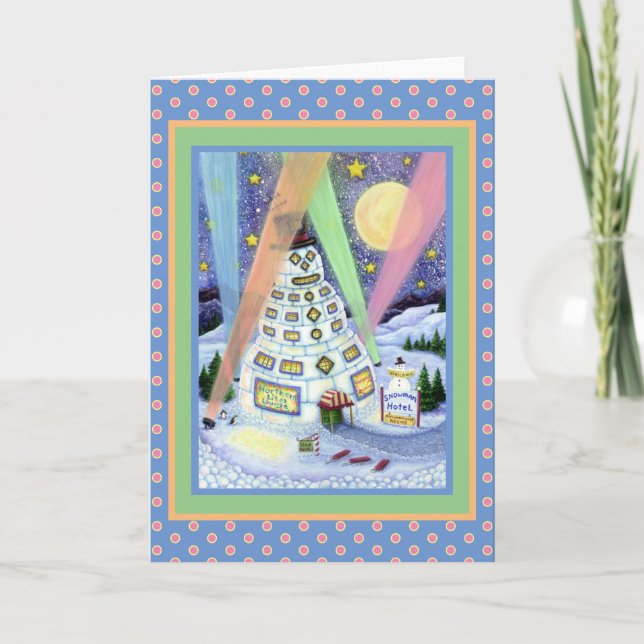 Tarjeta Festiva FUNNY SNOWMAN HOTEL, LUCES NORTES PENGUIN Blank (Anverso)