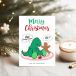Tarjeta Festiva Funny T Rex Dinosaur Gingerbread Cookie Navidades<br><div class="desc">Comparte algo de humor de las vacaciones con esta tarjeta de Navidades que presenta un saludo verde y rojo de "Feliz Navidad", un lindo dinosaurio Tirrannosauro Rex con brazos diminutos sentados en una alfombra con un regalo, y un hombre de jengibre con su oreja mordida. La leyenda de Trex dice...</div>