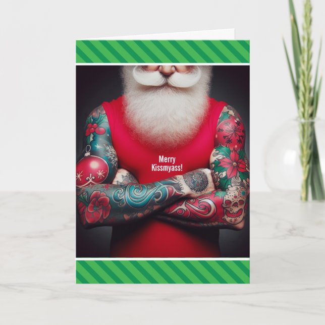 Tarjeta Festiva Funny Tattooed Santa - Ink the Halls (Anverso)