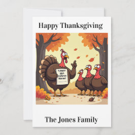 Tarjeta Festiva Funny Thankgiving Card -"Turkey Defense"