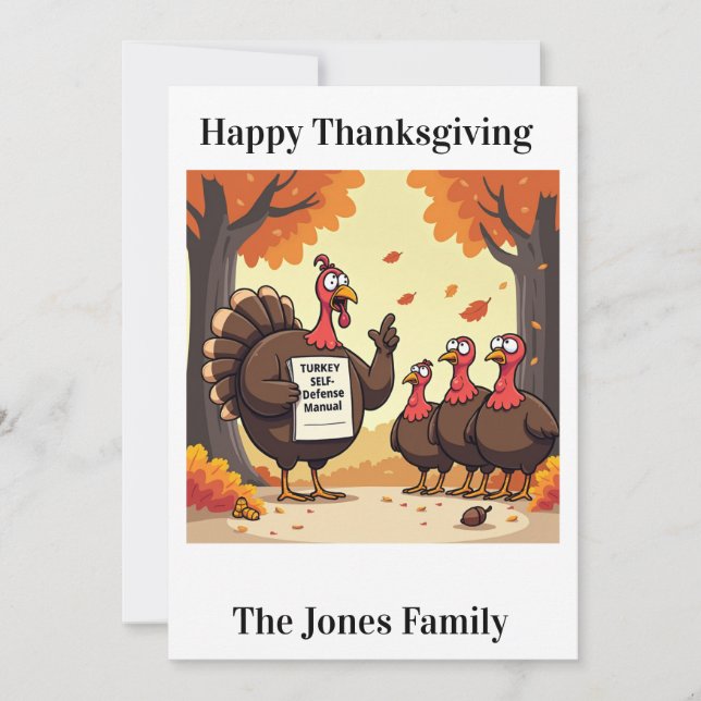 Tarjeta Festiva Funny Thankgiving Card -"Turkey Defense" (Anverso)