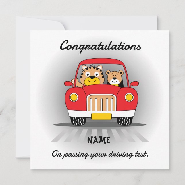 Tarjeta Festiva Funny tiger bear driving test congratulations card (Anverso)