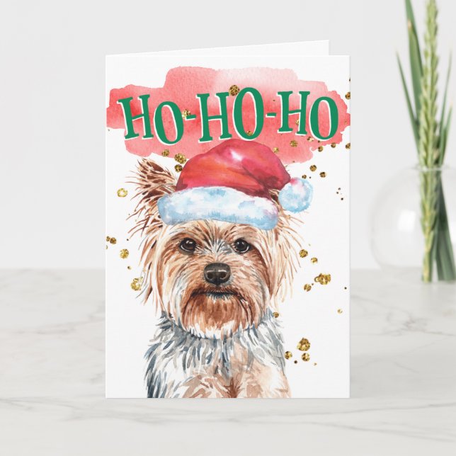Tarjeta Festiva Funny Yorkshire terrier Santa hat yappy howlidays (Anverso)
