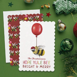 Tarjeta Festiva Funny Yule Bee Merry y Navidades brillantes