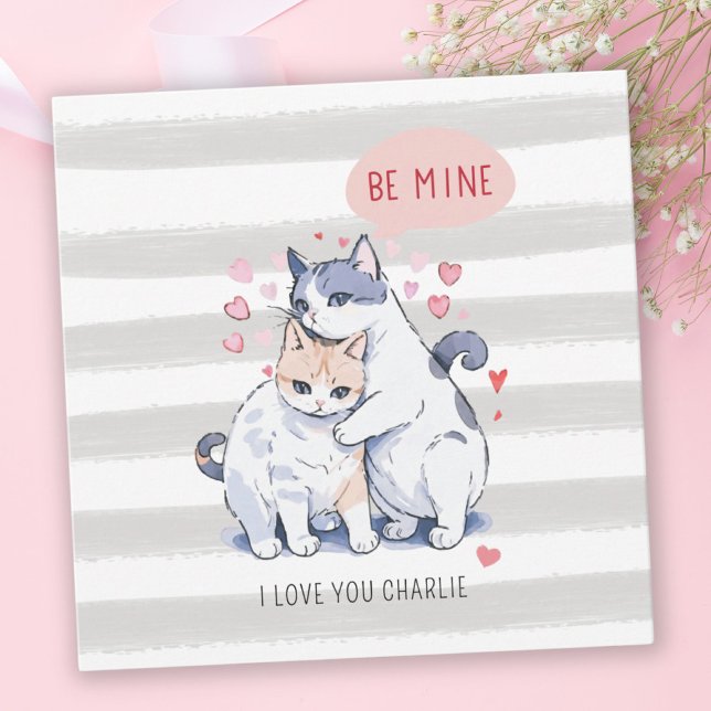 Tarjeta Festiva Furry Love Cat Couple Be Mine El día de San Valent (Furry Love Cat Couple Be Mine Valentine's Day Holiday Card)