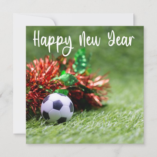 Tarjeta Festiva Fútbol Felices Fiestas con balón para Año Nuevo (Anverso)