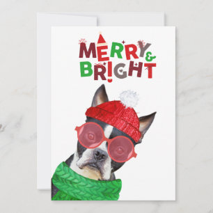 Tarjeta Festiva Gafas de Boston Terrier Alegre y Brillante Bufanda