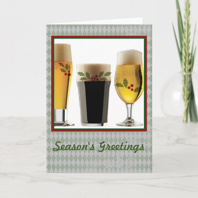 Tarjeta Festiva Gafas de Cerveza y saludos Holly Seasons (Anverso)
