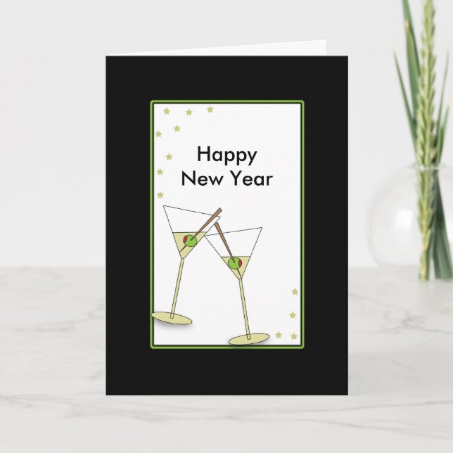 Tarjeta Festiva Gafas Martini de Año Nuevo, Feliz Año Nuevo (Anverso)