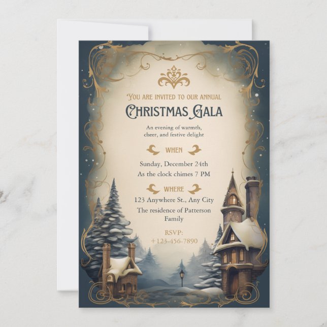 Tarjeta Festiva Gala navideña Gold Vintage (Anverso)