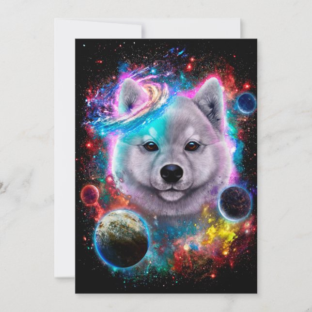 Tarjeta Festiva Galaxia del espacio de perros Akita blanco (Anverso)