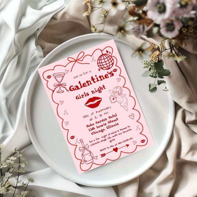 Tarjeta Festiva Galentine Hand dibujó a Fiesta de noche de Chicas  (Subido por el creador)