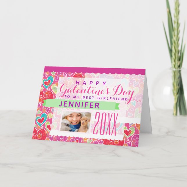 Tarjeta Festiva Galentine's Day Cute Pink Hearts Photo (Anverso)