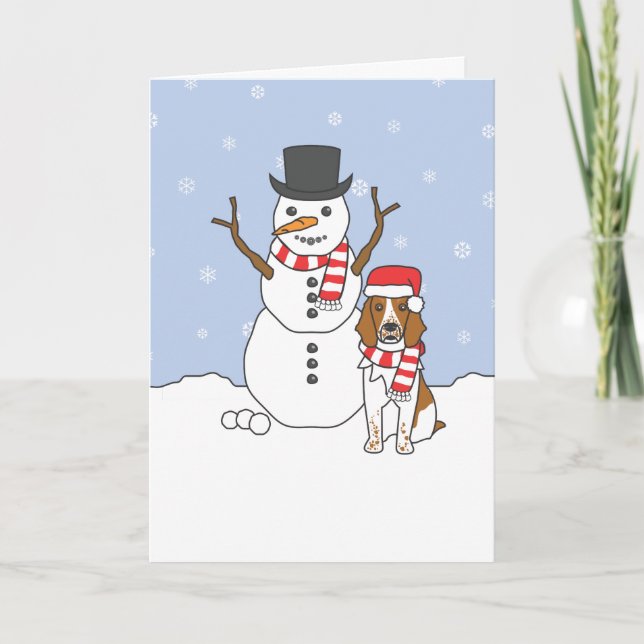Tarjeta Festiva Gales Springer Spaniel y Snowman (Anverso)