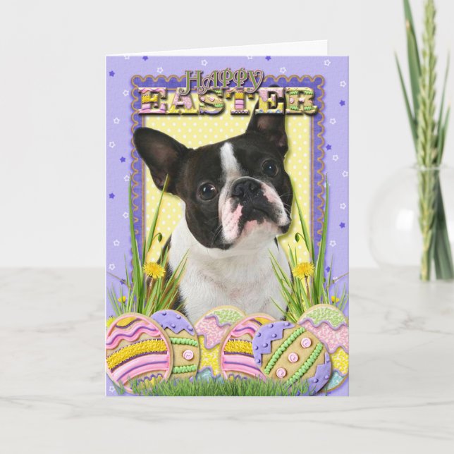 Tarjeta Festiva Galletas del huevo de Pascua - Boston Terrier (Anverso)