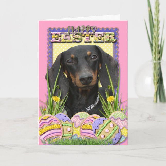 Tarjeta Festiva Galletas del huevo de Pascua - Dachshund (Anverso)