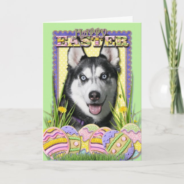 Tarjeta Festiva Galletas del huevo de Pascua - husky siberiano (Anverso)