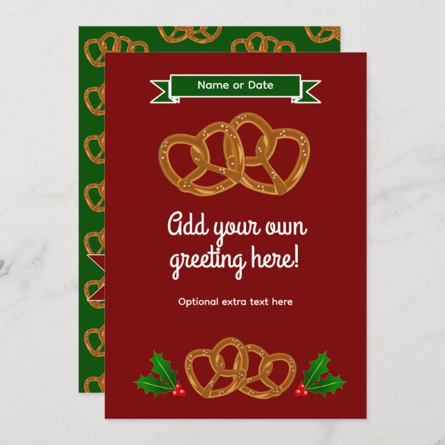 Tarjeta Festiva Galletas Pretzel Navideñas en Rojo y Verde - texto (Anverso / Reverso)
