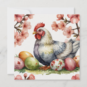 Tarjeta Festiva Gallo de acuarela con huevos de Pascua, flor de ce