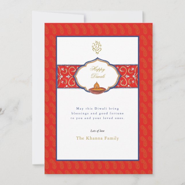 Tarjeta Festiva Ganesh acuarela y Diya Diwali saludos (Anverso)