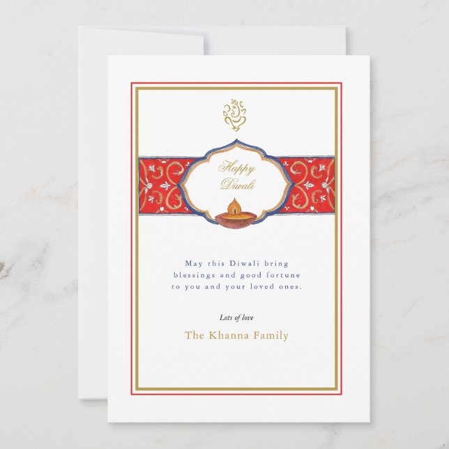 Tarjeta Festiva Ganesh simple y lámpara Diwali saludos (Anverso)
