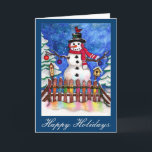 Tarjeta Festiva Garden Snowman<br><div class="desc">Original acuarela pintada por Sandra Gale de un feliz muñeco de nieve en un jardín de invierno cubierto de nieve. Gran diseño para jardineros,  niños,  madres y todo aquel que guste de las escenas de los nevados y de los jardines.</div>