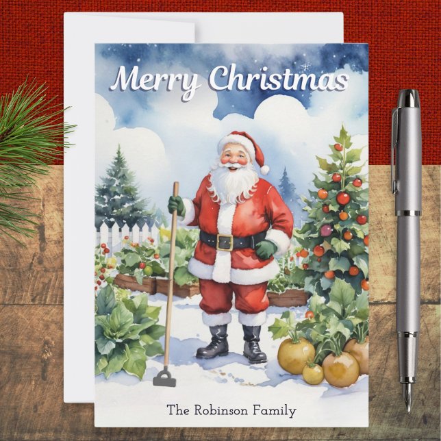 Tarjeta Festiva Gardening Santa Merry Christmas Vegetable Garden (A gardening themed Christmas card, with picture of Santa in a snowy garden in a watercolor style)