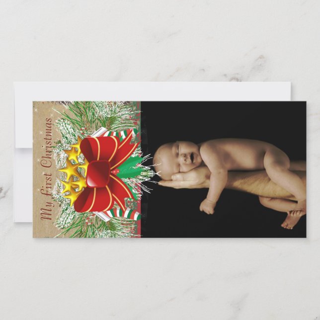 Tarjeta Festiva Garland & Bows  My 1st Christmas Baby Photo Card (Anverso)