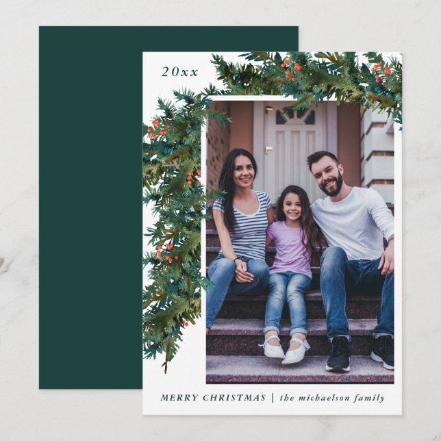 Tarjeta Festiva Garland verde y festividad fotográfica Verde azula (Anverso / Reverso)
