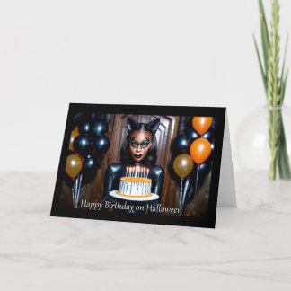 Tarjeta Festiva Gata de Cuero - Cumpleaños de Halloween